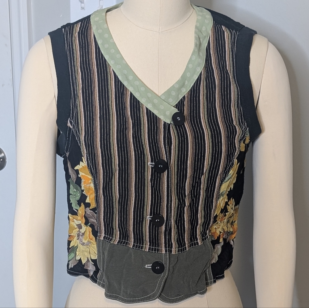 Carole‎ Little Vintage Striped Floral Patch Boho Button Up Y2K Vest Top Size 8